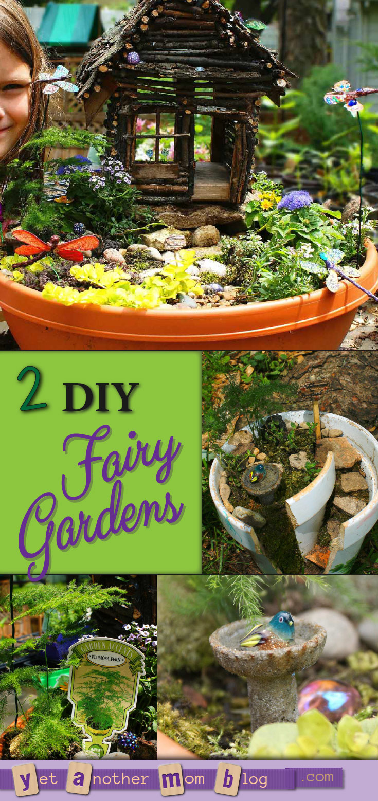 DIY: Fairy Gardens: Large or small, fairy gardens are just so cute! Here are 2 that we created, along with a fairy house, a sign, and a birdbath. Plus, there are tips for choosing the right miniature plants and we list what we used. Make one with your kids!