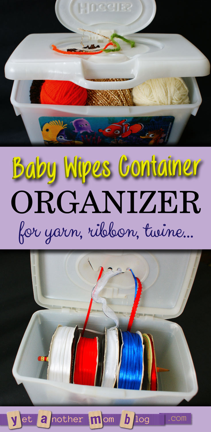 Upcycle a Huggies baby wipes container into an organizer for balls of yarn, spools of ribbon, or twine. #reuse #recycle #thrifty