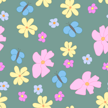 Spring Flowers and Butterflies on Green  Background Small Tile Pattern