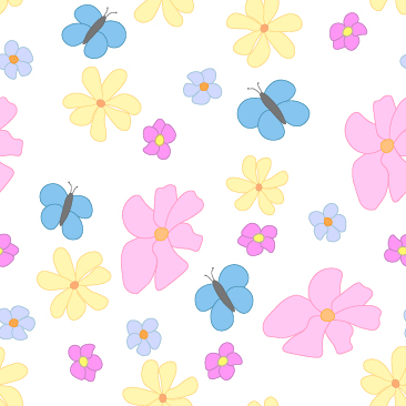 Spring Flowers and Butterflies on White Background Small Tile Pattern