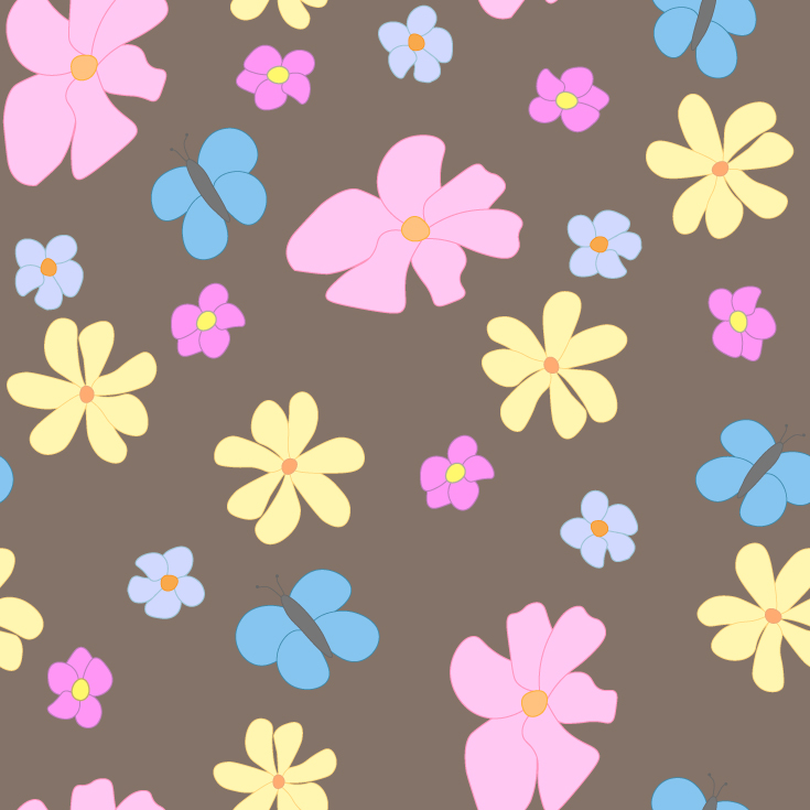 Spring Flowers and Butterflies on Brown Background Large Tile Pattern