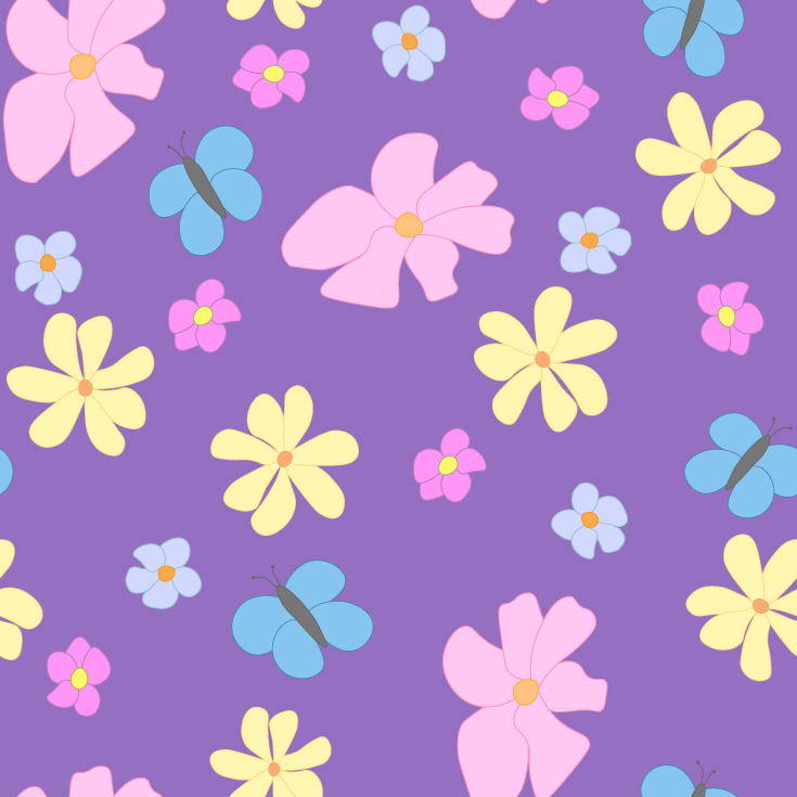 Spring Flowers and Butterflies on Lavender Background Large Tile Pattern