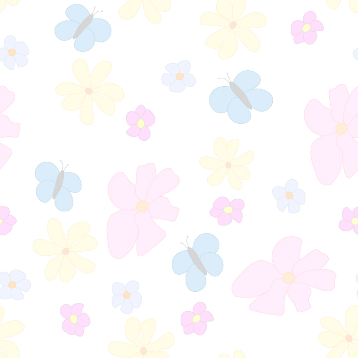 Spring Flowers and Butterflies Faded on White Background Large Tile Pattern