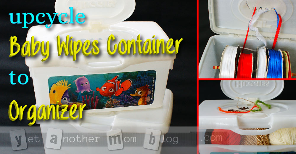 Upcycle a Huggies baby wipes container into an organizer for balls of yarn, spools of ribbon, or twine. #reuse #recycle #thrifty