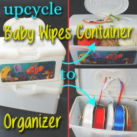 Upcycle baby wipes container to yarn/ribbon organizer