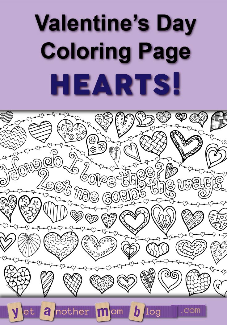 How do I love thee? Let me count the ways... or count the hearts! Free coloring page for Valentine's Day to download.