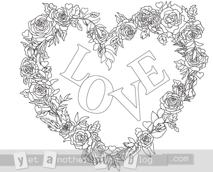 LOVE wreath of roses heart coloring page for Valentine's Day