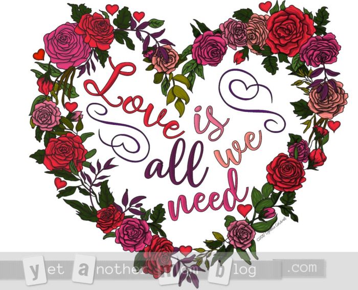 Love is all we need heart rose wreath coloring page - colored