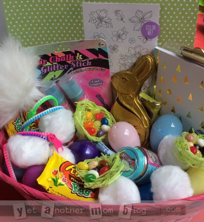 Easter baskets filled with pom poms instead of fake grass